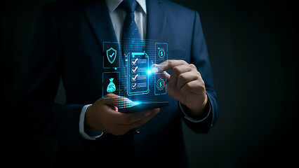 Modern Due Diligence Concept .Businessman Performing Due Diligence with Digital Checklist and Laptop ,legal ,corporate compliance and digital transformation ,Analysis, Technology ,Management .