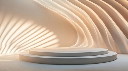 A podium on a bright white stage, bathed in soft light with an abstract light pattern as the...