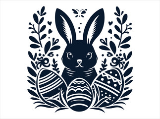 Easter Bunny Silhouette with Decorated Eggs and Festive Elements