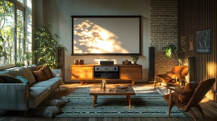 A 1950s-style movie projector modernized with 4K resolution and streaming capabilities, casting vibrant visuals in a stylish living room