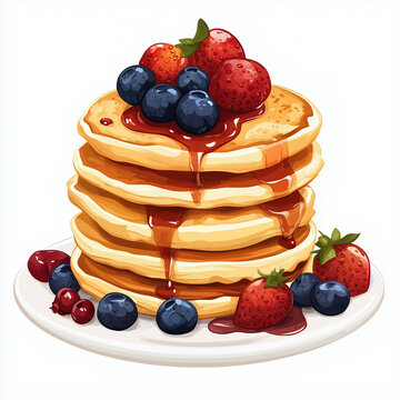 recommend clip art: Illustration of a plate of a stack of pancakes topped with strawberries and blueberries. Breakfast food item clip art element