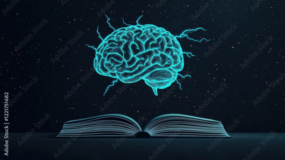 Poster glowing brain idea concept over open book knowledge wisdom learning intelligence