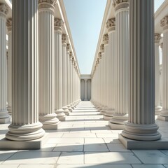 Obraz premium Ancient white marble pillars form long colonnade. Classic architecture style reminiscent of Rome Greece. Sunlit space creates pathway. Spacious building structure shows support system in detail.