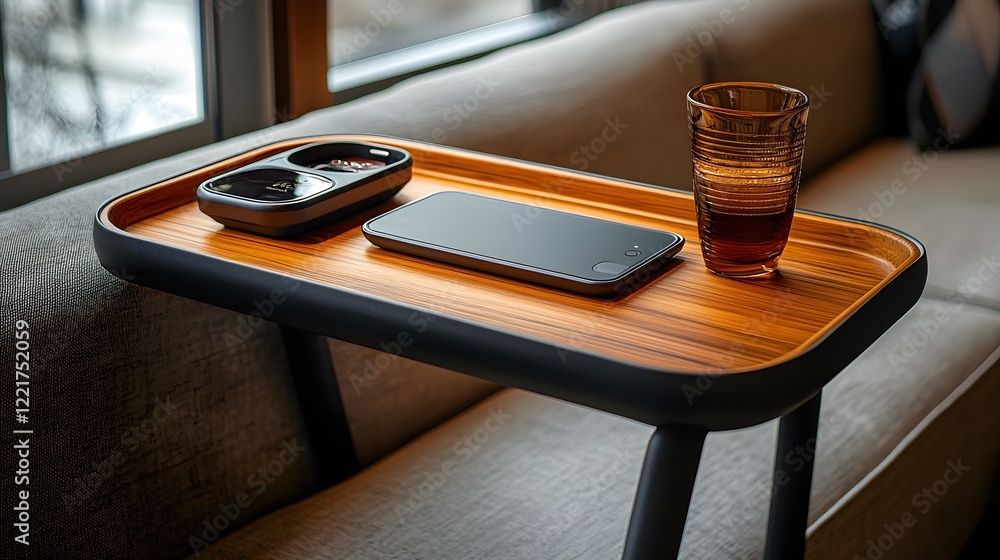 Aufkleber A retro TV tray table reimagined with wireless charging and a minimalist design