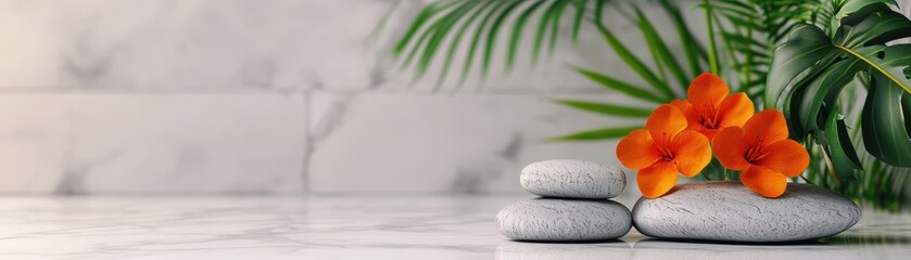 Serene Spa Scene Stacked Grey Stones Orange Flowers Lush Tropical Leaves