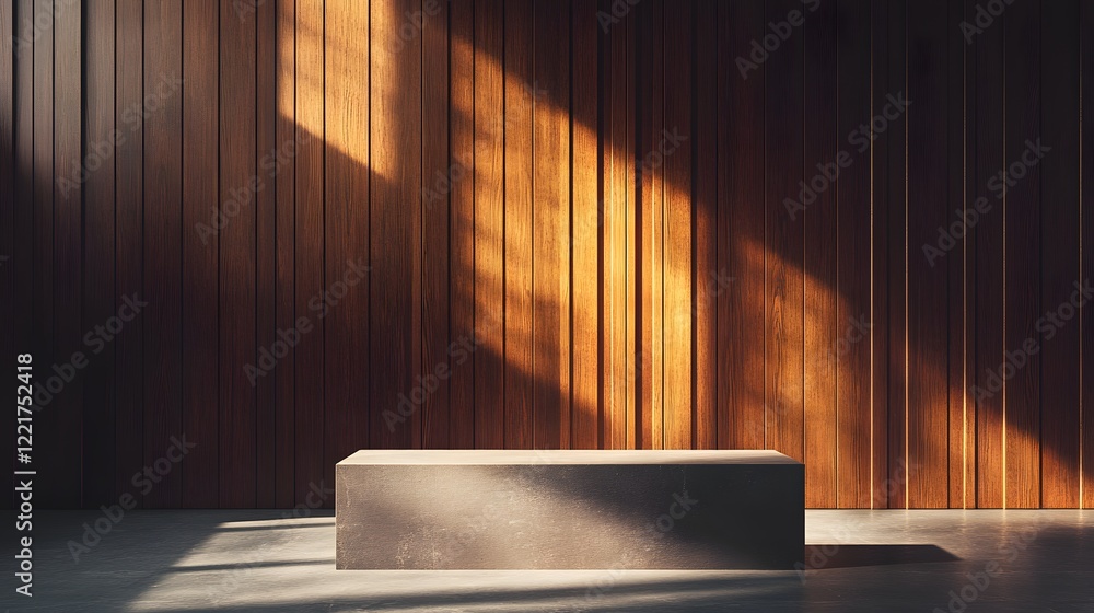 Poster a podium set in front of a dark wood-paneled wall with warm light filtering through a nearby window,