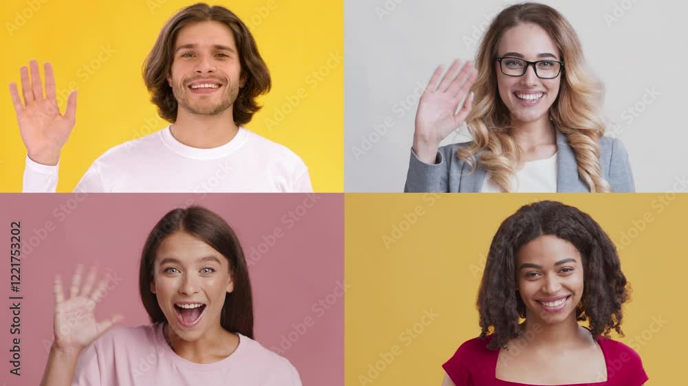 Poster Four individuals, showcasing a range of emotions, smile and gesture towards the viewer. Their diverse backgrounds highlight joy and connection against bright backgrounds in a vibrant setting.