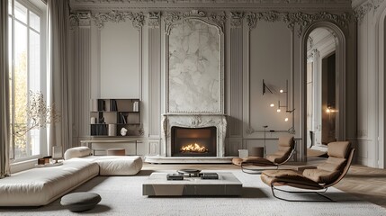 A Victorian-inspired living room with ornate moldings and a marble fireplace, balanced by minimalist furniture and modern lighting