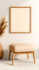 Beige ottoman, frame mockup, pampas grass. Home decor, interior design