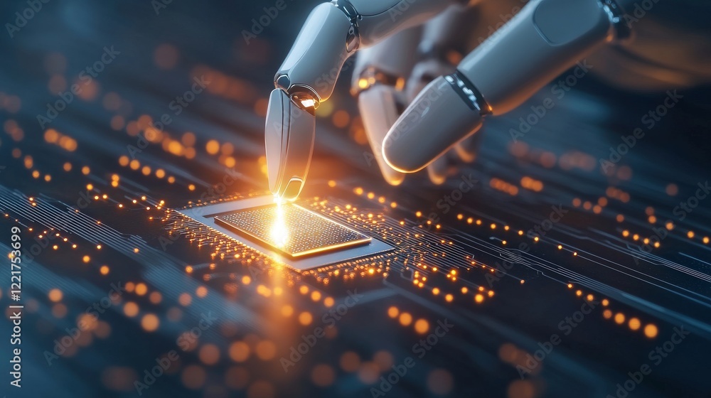 Poster futuristic robotic hand interacting with a circuit board chip, illuminated digital technology concep