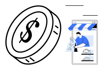 Person shopping online using mobile app, large coin with dollar sign. Ideal for e-commerce, financial transactions, digital wallets, online marketing, retail, mobile apps fintech. Abstract line flat