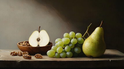 Still life of pears, grapes, and walnuts on a wooden table.