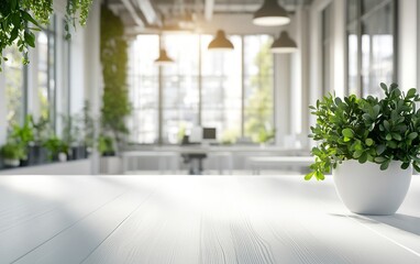 Blurred office interior background with a white table for product display montage, a blurred modern with generative ai