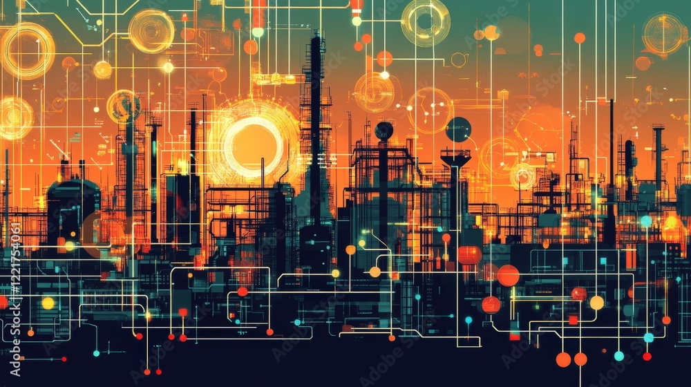 Aufkleber abstract industrial skyline with glowing structures and digital elements against a sunset backdrop, 
