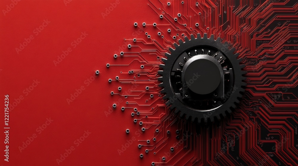 Aufkleber Abstract technology background featuring a mechanical gear integrated with circuit patterns on a vivid red backdrop, symbolizing innovation and digital transformation.
