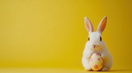 Obraz premium Happy Easter background with a cute bunny and decorated egg on a yellow background with copy space