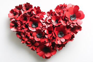 Fototapeta premium Red heart made of paper poppy flowers on a white background
