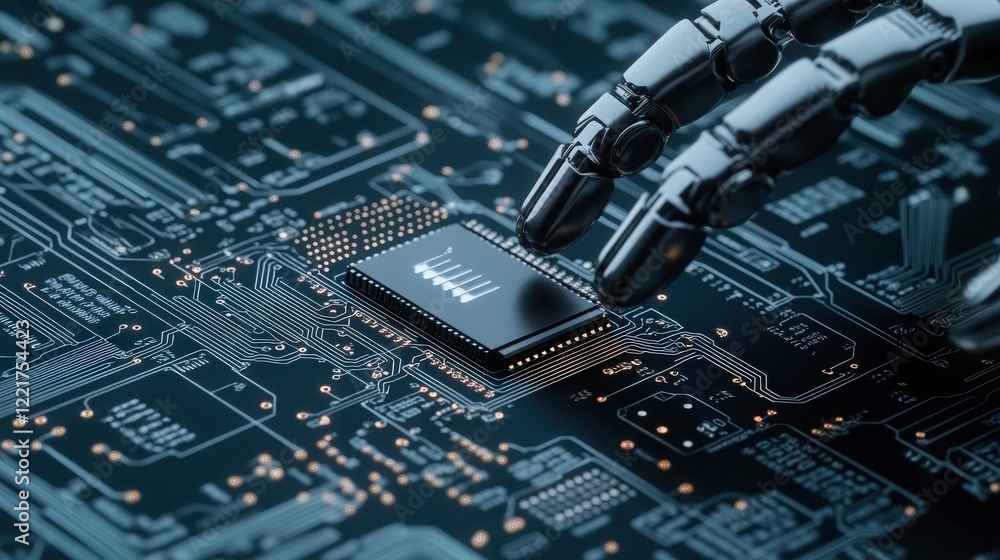 Aufkleber Close-Up View of a Robotic Hand Interacting with a Microchip on a Futuristic Circuit Board, Showcasing Technology and Innovation in Modern Robotics