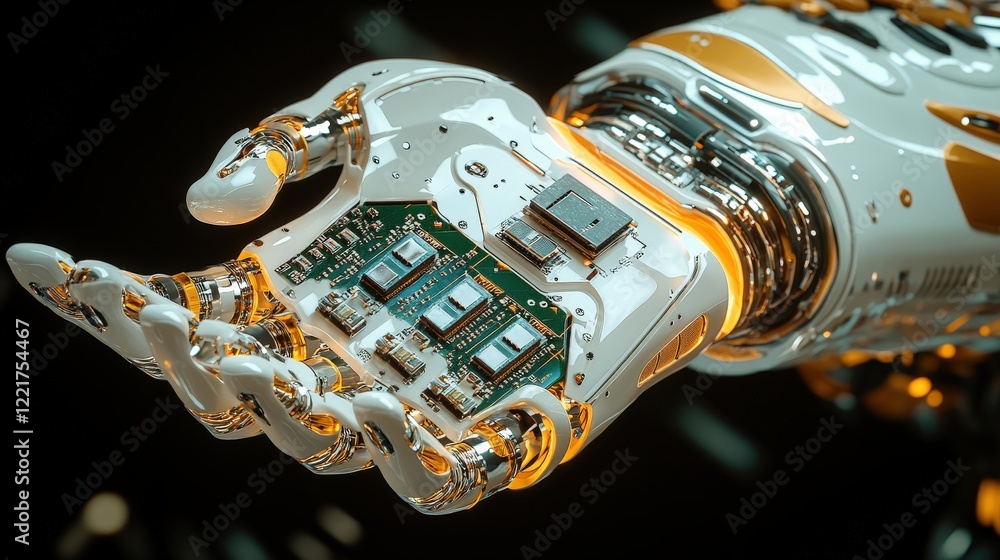 Poster Futuristic robotic hand displaying intricate circuitry and advanced microchips, symbolizing the intersection of technology and innovation in robotics and electronics