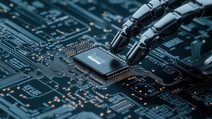 Close-Up View of a Robotic Hand Interacting with a Microchip on a Futuristic Circuit Board, Showcasing Technology and Innovation in Modern Robotics