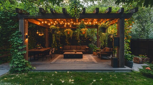 A rustic pergola with hanging plants, modernized with smart lighting and hidden speakers