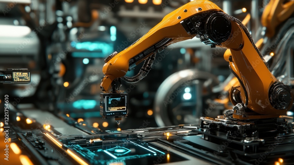 Poster Advanced robotic arm in a futuristic factory environment with vibrant colors and intricate details showcasing cutting-edge technology and automation in manufacturing processes.