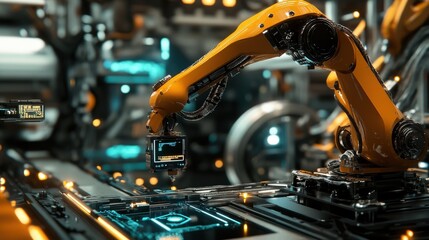 Fototapeta premium Advanced robotic arm in a futuristic factory environment with vibrant colors and intricate details showcasing cutting-edge technology and automation in manufacturing processes.