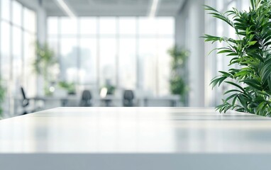 Fototapeta premium Blurred office interior background with a white table for product display montage, a blurred modern with generative ai
