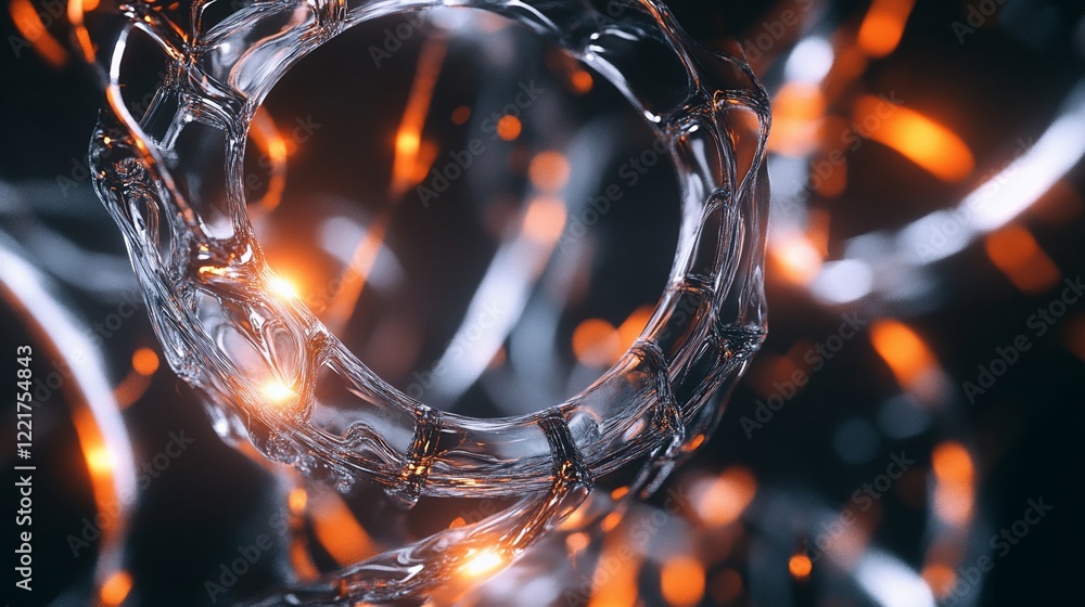 Poster futuristic abstract art featuring swirling silver and orange elements with a circular structure