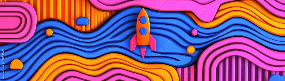 Poster abstract colorful 3d render rocket ship soaring through wavy vibrant background