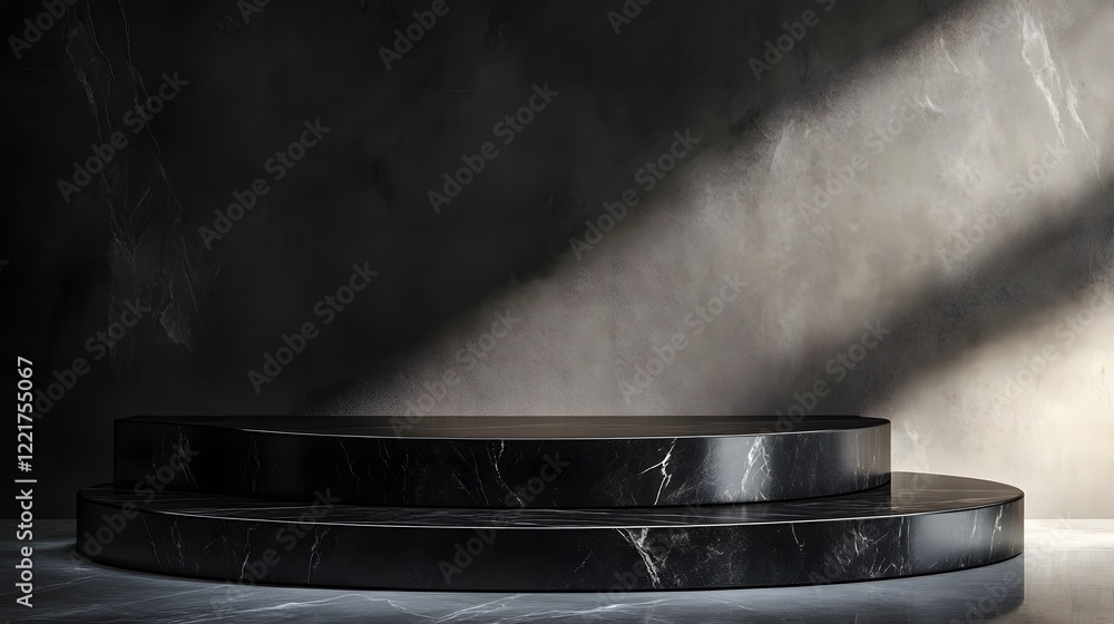 Poster a podium with a curved base on a platform of sleek black marble, with soft shadows highlighting the 