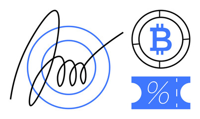Hand-drawn signature inside target, Bitcoin coin and discount ticket with percentage symbol. Ideal for finance, cryptocurrency, contracts, signatures, discounts, e-commerce modern design. Abstract