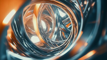 Abstract metal rings forming an intricate pattern with orange and grey highlights