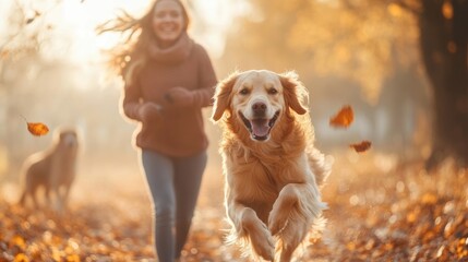 A relaxing healthy golden retriever jogging with the owner woman for exercise in the morning sunrise.	