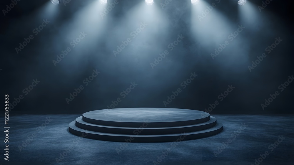 Poster a podium on a dark velvet stage with spotlights illuminating the space, creating an elegant, luxurio