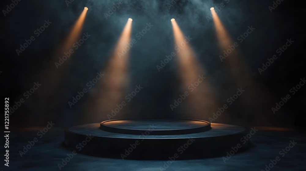 Poster a podium on a dark velvet stage with spotlights illuminating the space, creating an elegant, luxurio