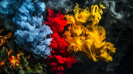 Fototapeta premium Abstract ink clouds in blue red yellow, smoke swirls against a dark background