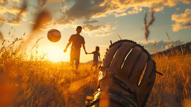 A family playing catch with a vintage leather baseball glove, the golden hour light adding warmth to the scene