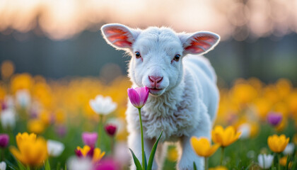 Obraz premium Lamb gently sniffing a colorful flower in a field at twilight, serenity