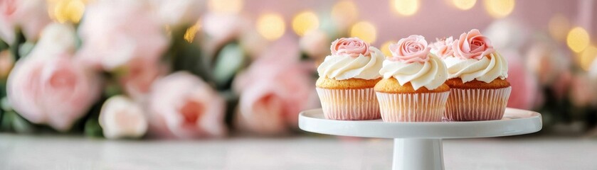 Naklejka premium Delicious Cupcakes with Pink Rose Frosting on Cake Stand Festive Bakery Treats