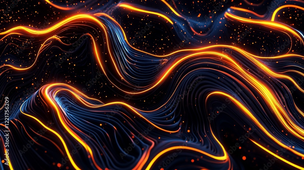 Poster abstract glowing lines on a dark undulating surface with orange dots background