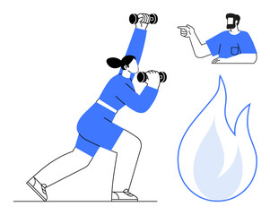 Woman lifting dumbbells, coach pointing with arm suggesting guidance, large flame icon symbolizing energy or motivation. Ideal for fitness, personal training, health, exercise, goal setting