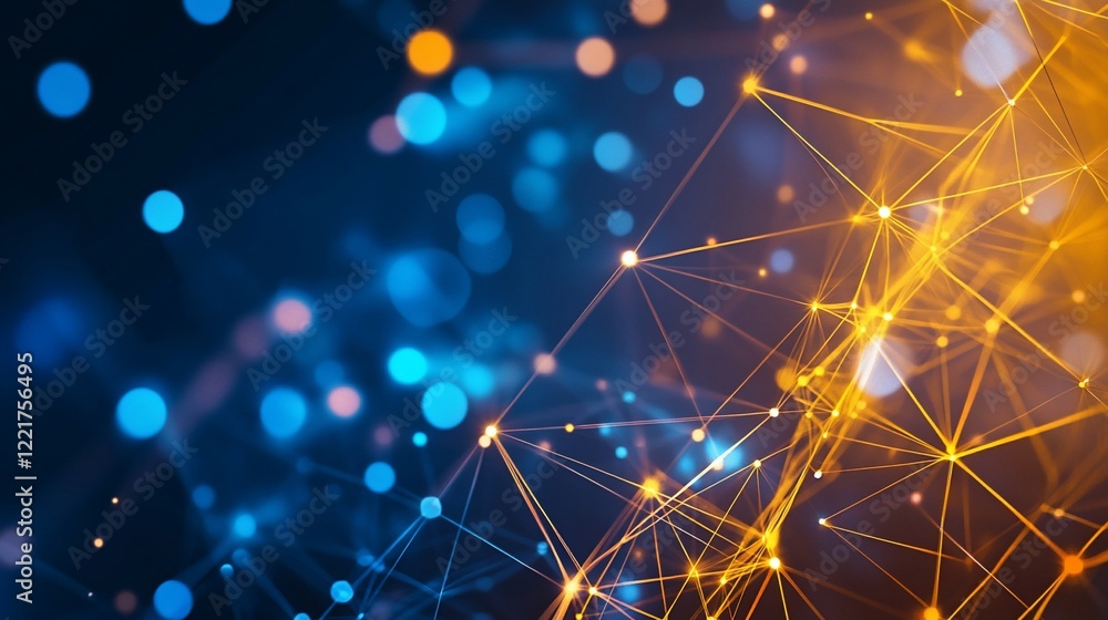 Poster abstract connection network background with blue and orange glowing dot and lines