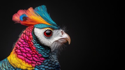 Vibrant and Colorful Bird Portrait with Elaborate Feather Patterns against a Dark Background, Showcasing Stunning Colors and Details