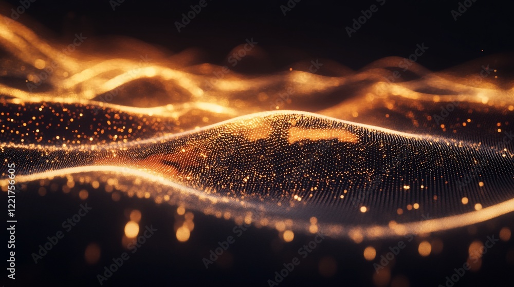 Poster abstract digital gold particle wave patterns shimmering against dark background