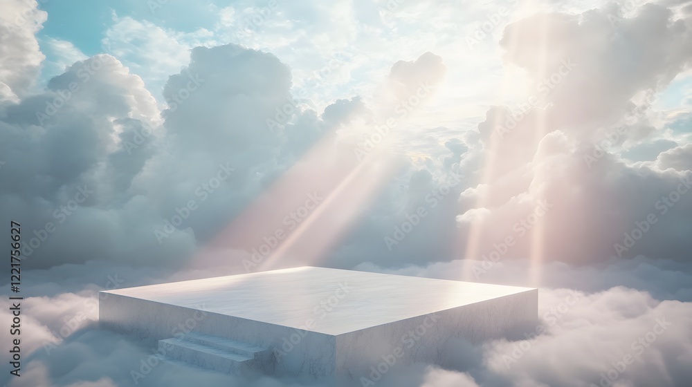 Poster a podium surrounded by soft clouds, with gentle beams of light filtering through, creating a peacefu