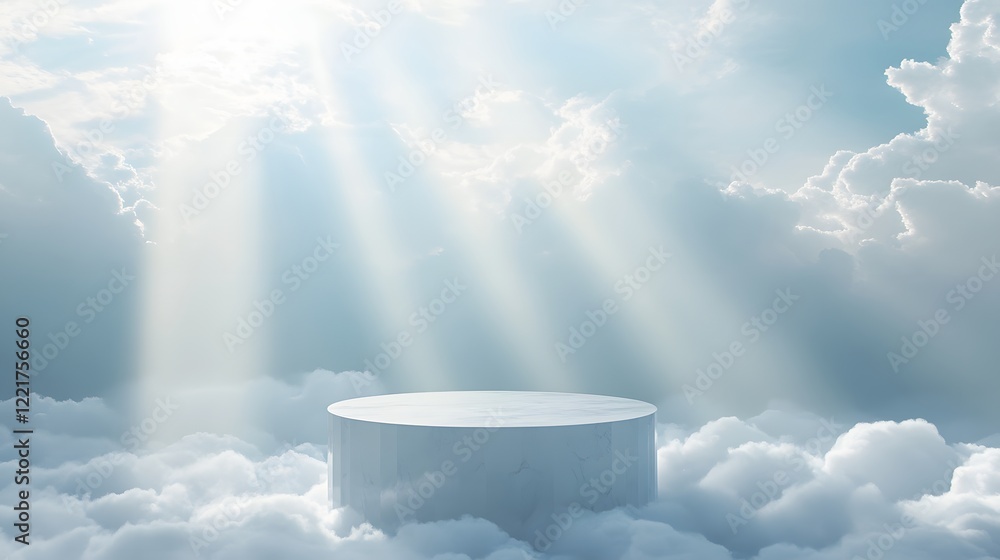 Poster a podium surrounded by soft clouds, with gentle beams of light filtering through, creating a peacefu