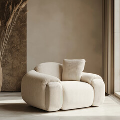 modern, minimal armchair with sleek design, featuring soft, textured fabric in neutral tone. This creative piece adds touch of elegance to any interior space