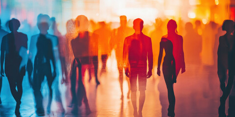 Fototapeta premium image captures vibrant scene of multiple figures walking, creating dynamic interplay of colors and silhouettes. blurred effect adds sense of movement and energy to composition