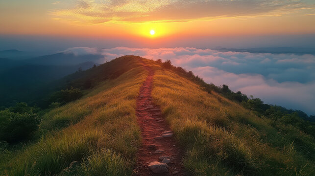 breathtaking sunrise over Broga Hills in Malaysia, with winding path leading through lush green grass and clouds below, creating serene and tranquil atmosphere